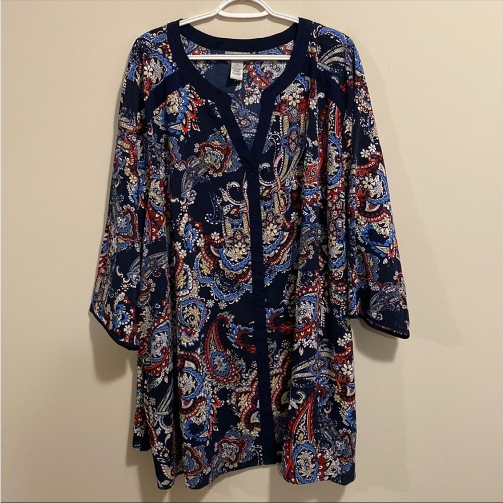 Catherines 5X, 34-36W Tunic Top Navy Red White Paisley Floral Print 3/4 Sleeves